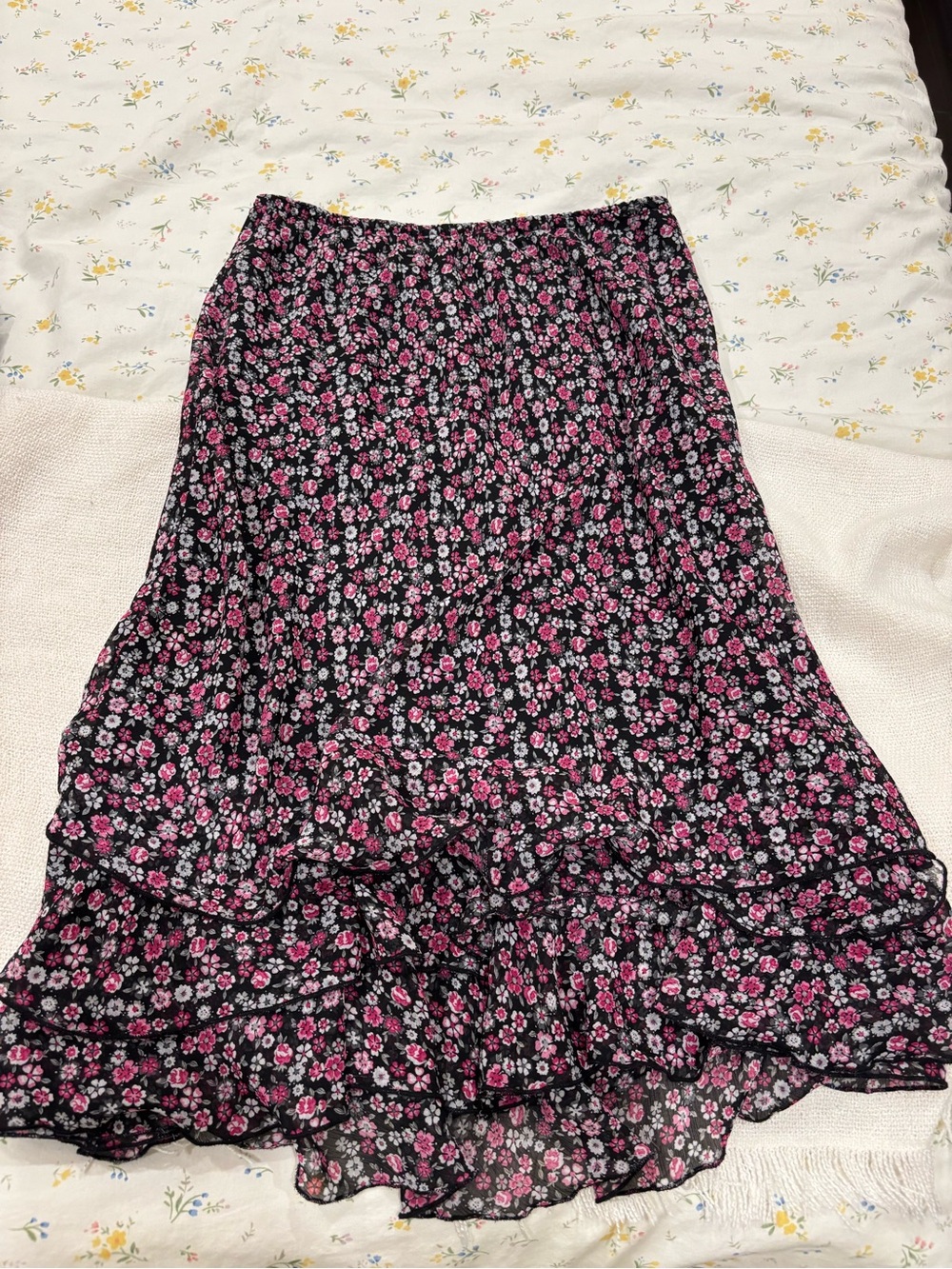 Black Floral Tiered Maxi Skirt with Pink Accents